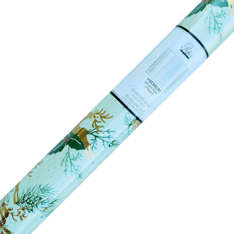 Premium Foil Roll Wrap - 30" x 120" - Golden Reindeer Reverie