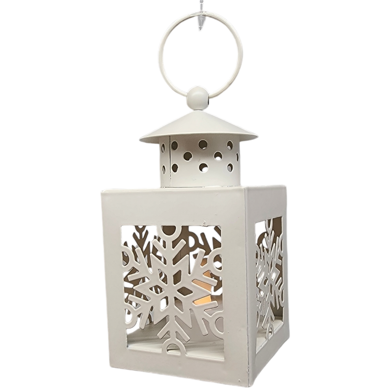 B/O Lighted Metal Holiday Lantern with LED Tealight - White