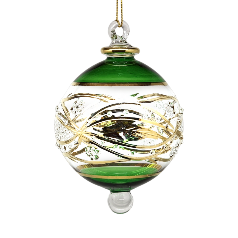 Floral Etched 3" Glass Ball - Green