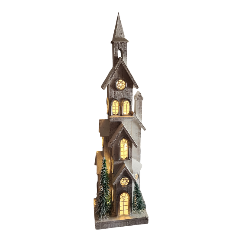 Lighted White Wood Church - 34.4 Inch