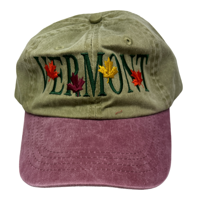 Vermont Fall Leaves Embroidered Hat - Khaki with Plum Brim