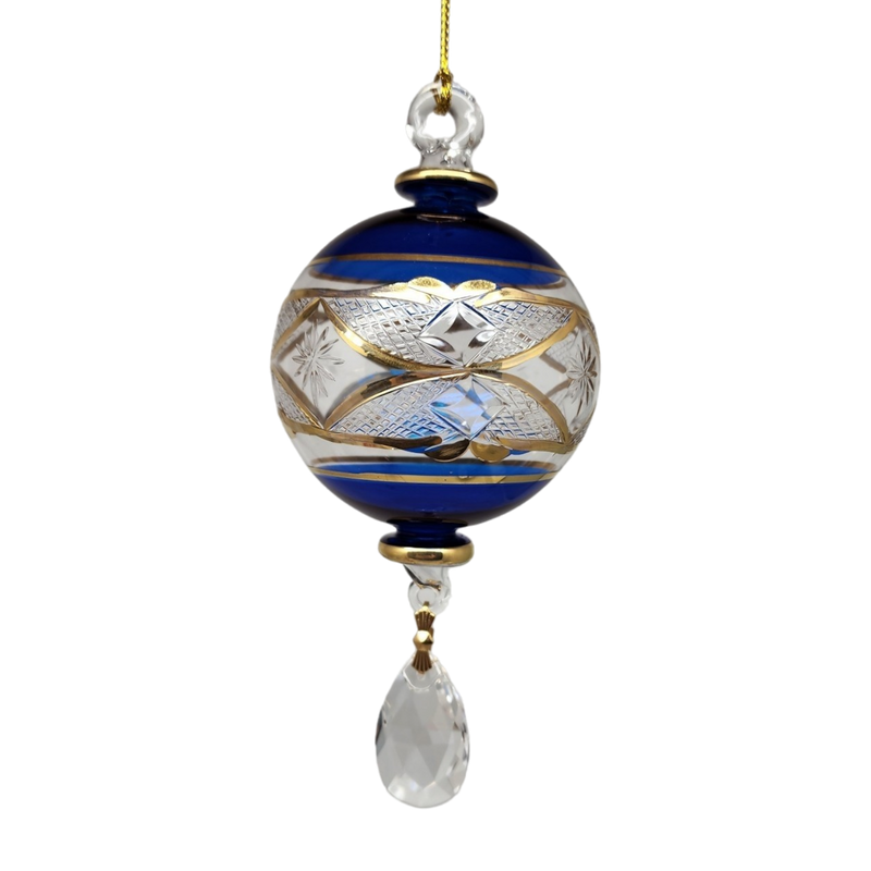 Etched Blown Glass Ball with Crystal Dangle - Blue