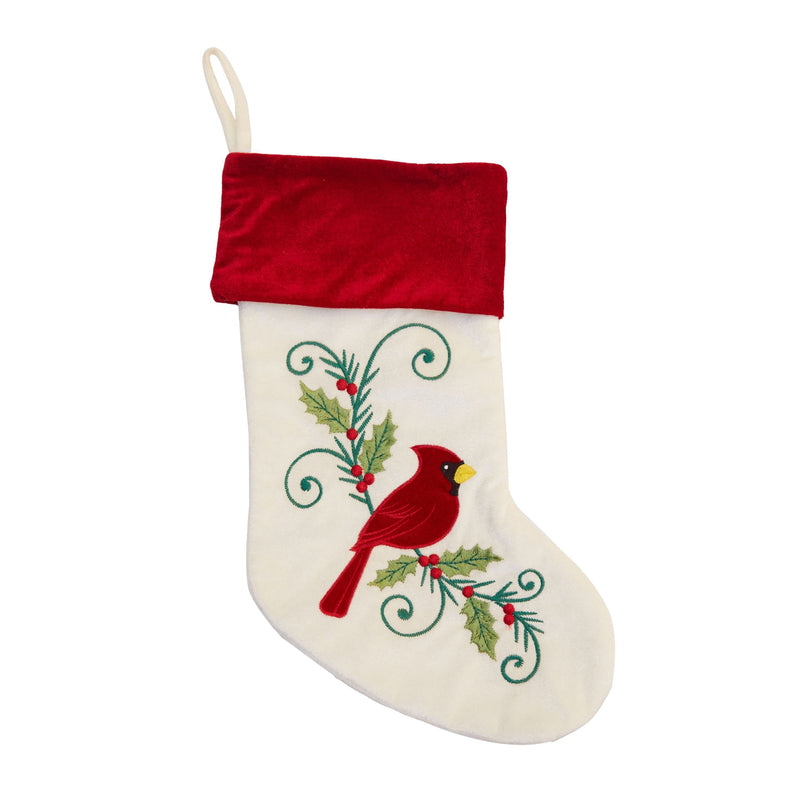 White Embroidered Cardinal Stocking - 20 inch