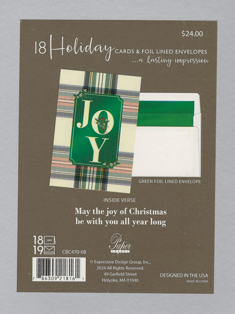 Luxury Boxed Cards - Set of 18 - Mistletoe Joy Plaid