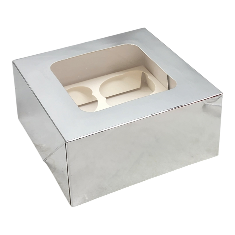 Bakery Box - 4 Cup Cakes or Cookies - Silver Foil