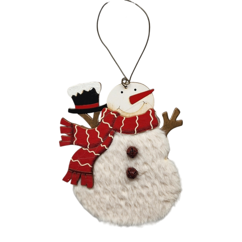 Wood and Fur Snowman Ornament - Holding his Tophat