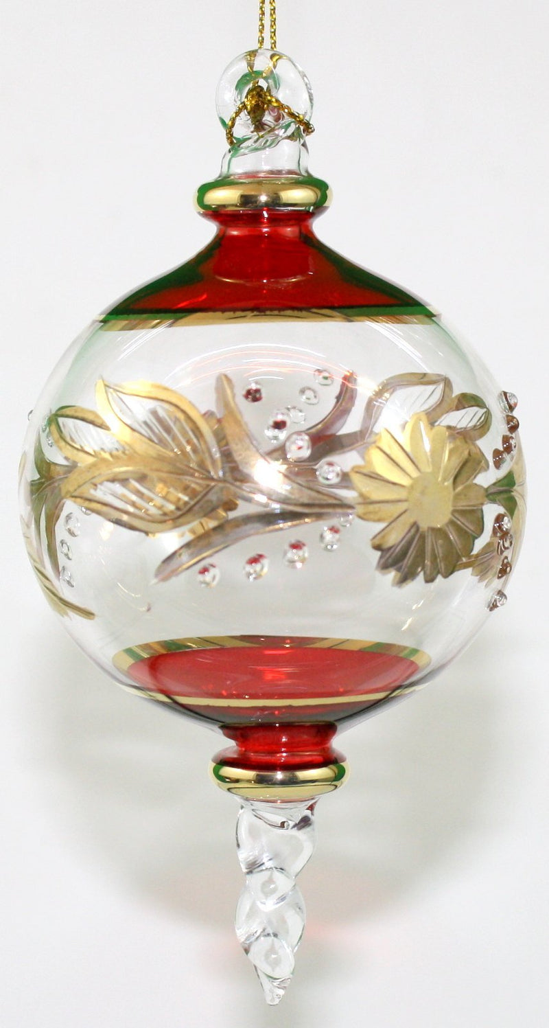 Egyptian Glass 5.5 Inch Gold Etched Ball - Christmas Red - The Country Christmas Loft