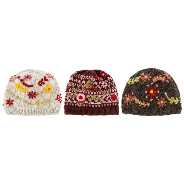 Knit Embroidered Floral Winter Hat -