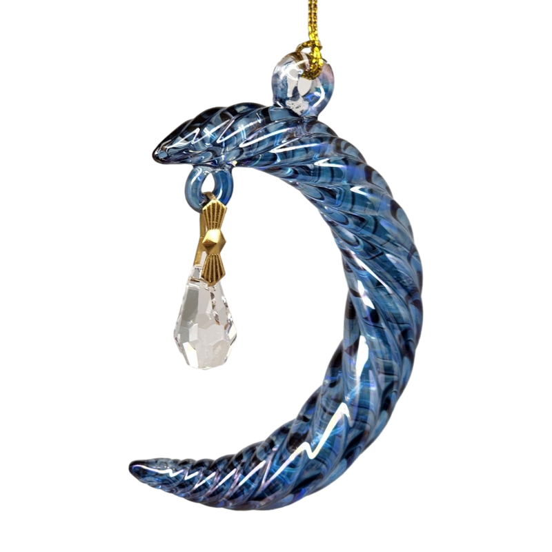 Small Crescent Moon Glass Ornament - Blue