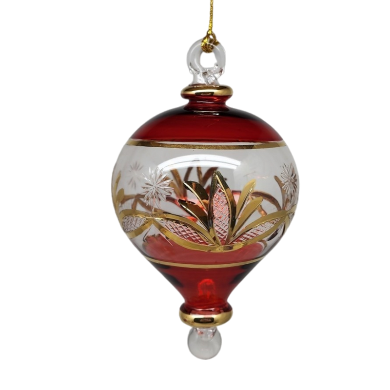 Etched Gold Teardrop Blown Glass Ornament - Red