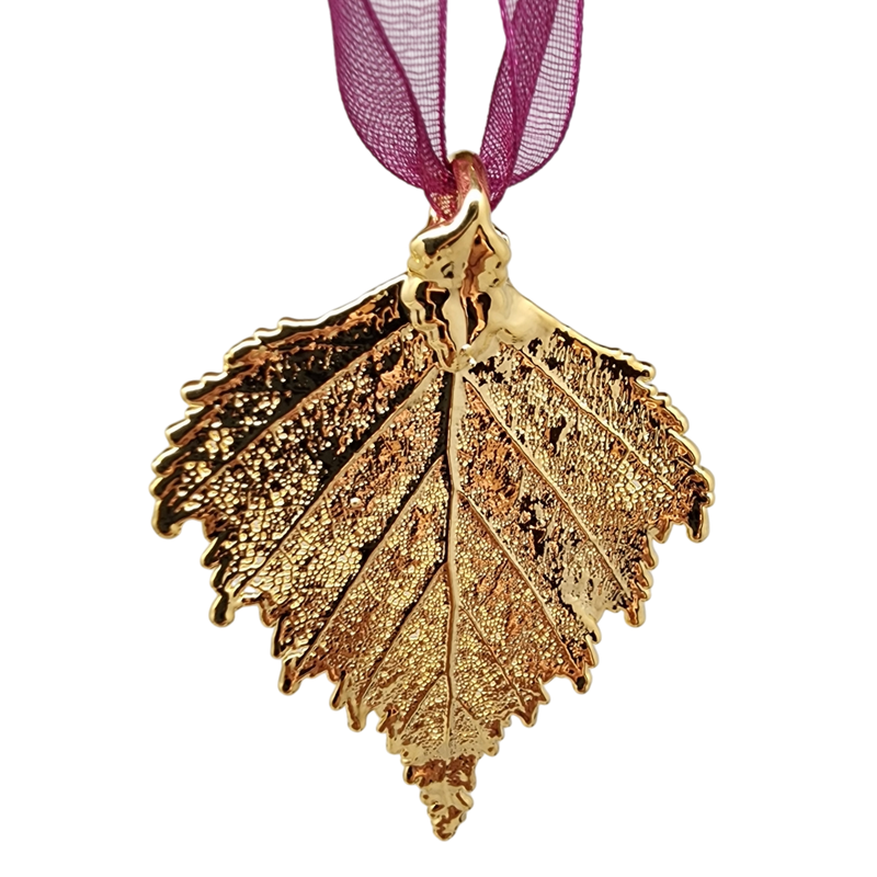 Gold Birch Leaf with Sheer Ribbon Ornament