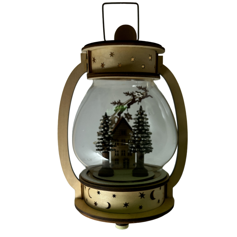 B/O Lighted Wind Up Musical Wood Glass Lantern - Santa Flying  Over House