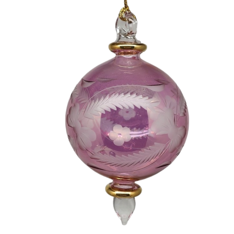 Etched Blown Glass Ball Ornament - Pink