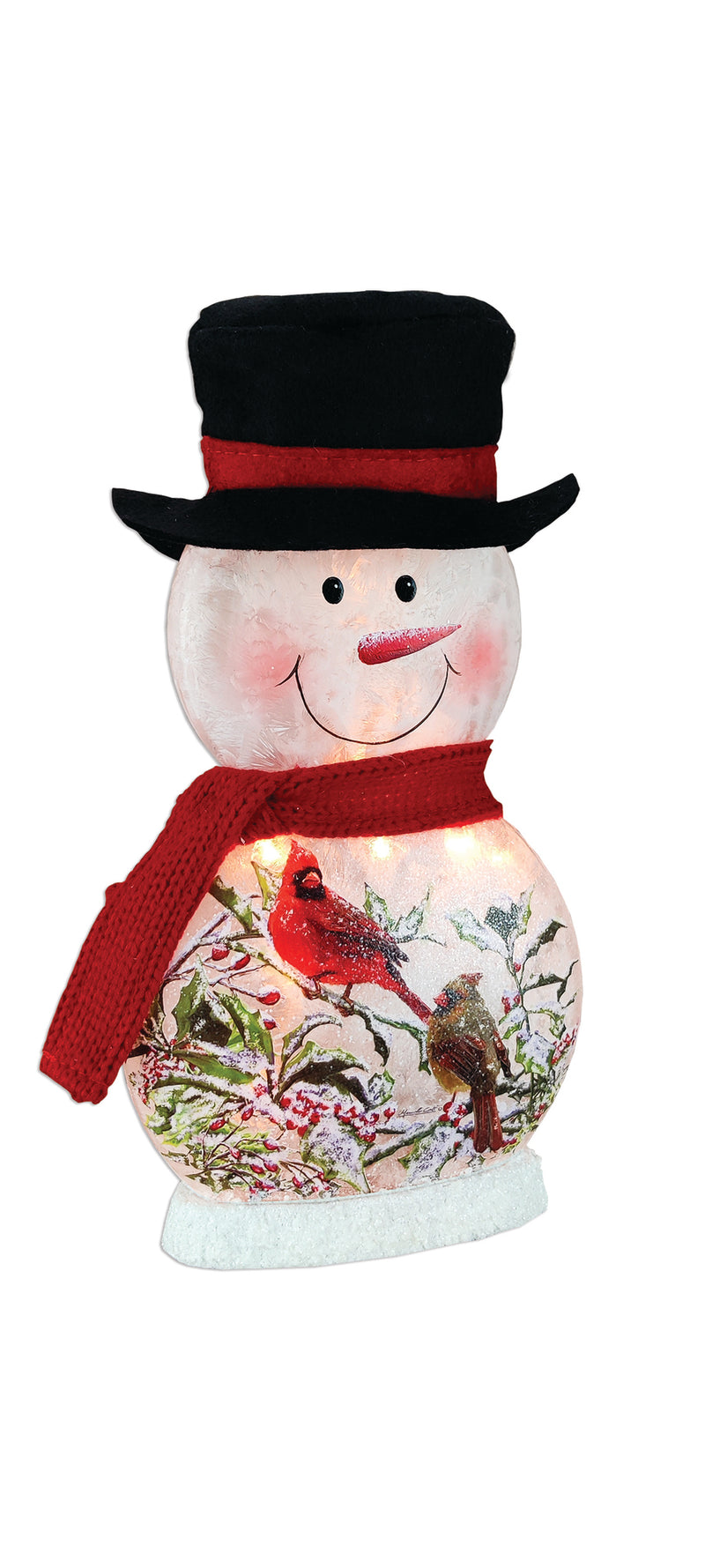 Holly and Cardinal Lighted Snowman with Hat and Scarf