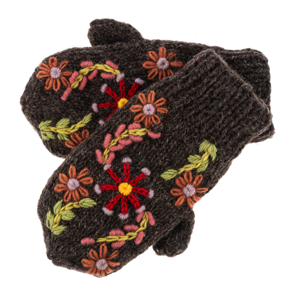 Knit Embroidered Floral Mittens - Brown