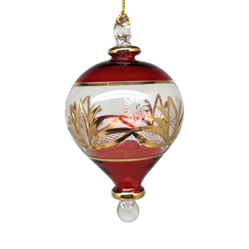 Etched Gold Teardrop Blown Glass Ornament - Red