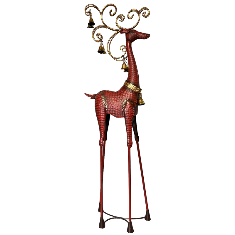 Hammered Red Metal Reindeer with Bells - Head Up