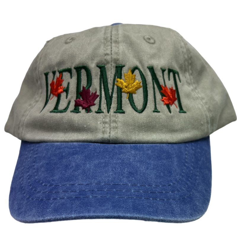 Vermont Fall Leaves Embroidered Hat - Tan with Blue Brim