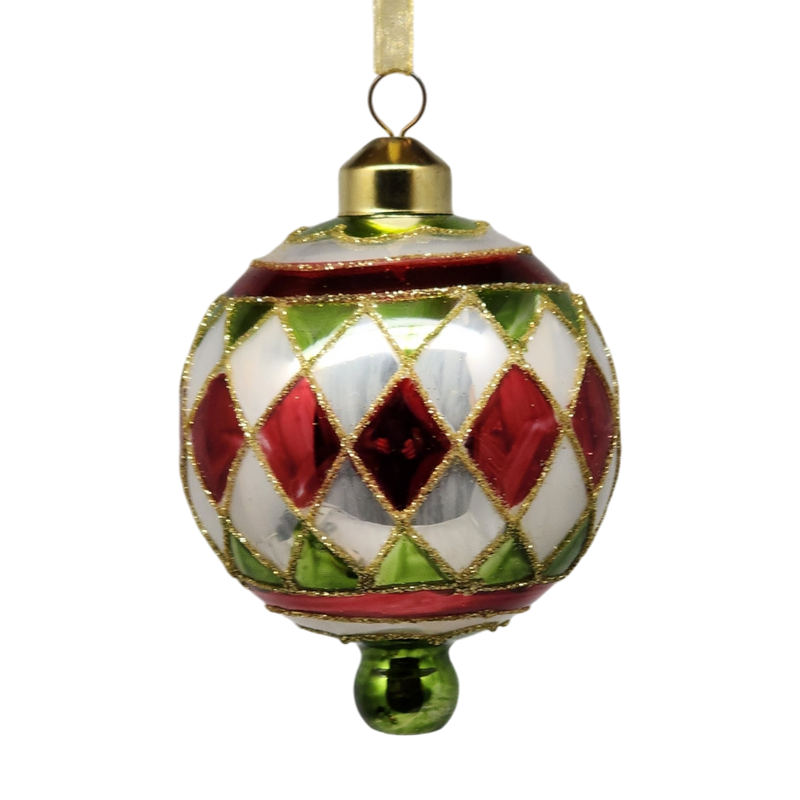 Retro Glass Reflector Ornament - 80mm - Red/Green/White Checks