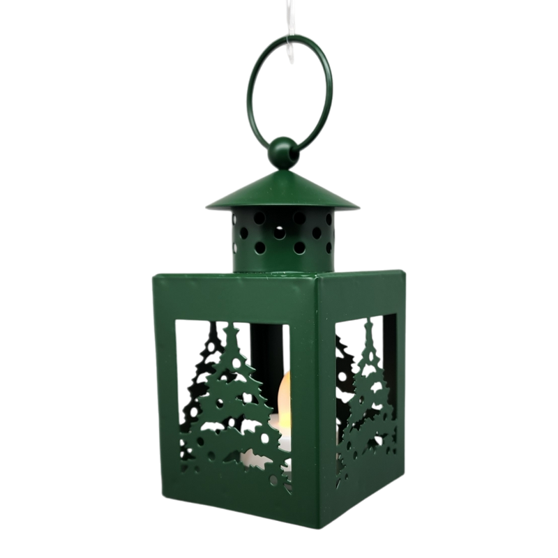 B/O Lighted Metal Holiday Lantern with LED Tealight - Green