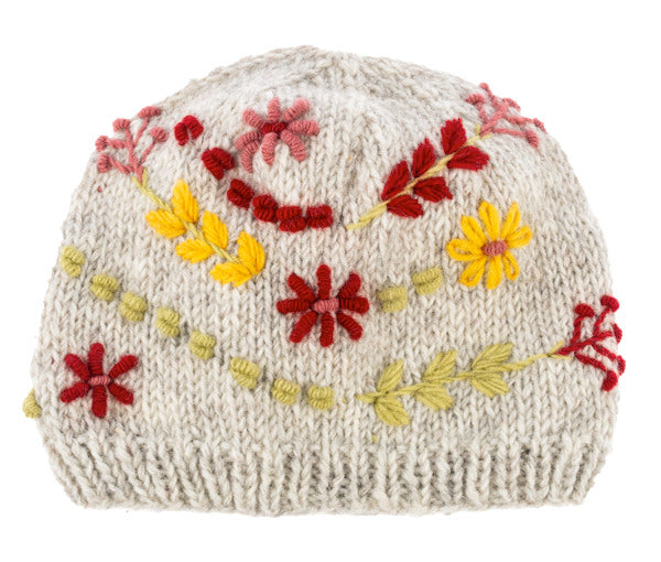 Knit Embroidered Floral Winter Hat -