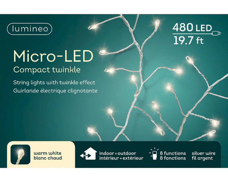 Micro LED Garland Light - 8 function twinkle - 480 - Warm White - Silver String