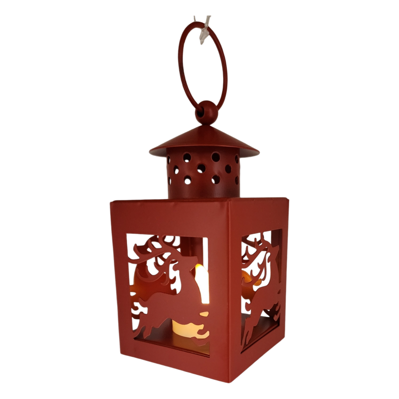 B/O Lighted Metal Holiday Lantern with LED Tealight - Red