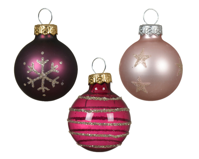 Tube of 9 Glass Ornaments - 30mm - Pink and Purple