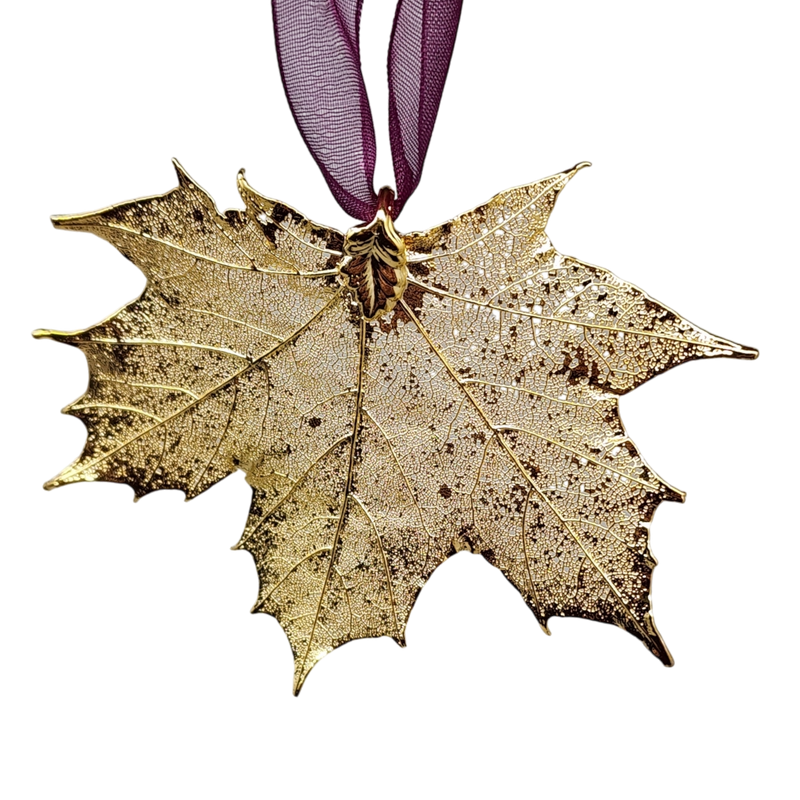 Gold Sugar Maple Leaf with Sheer Ribbon Ornament