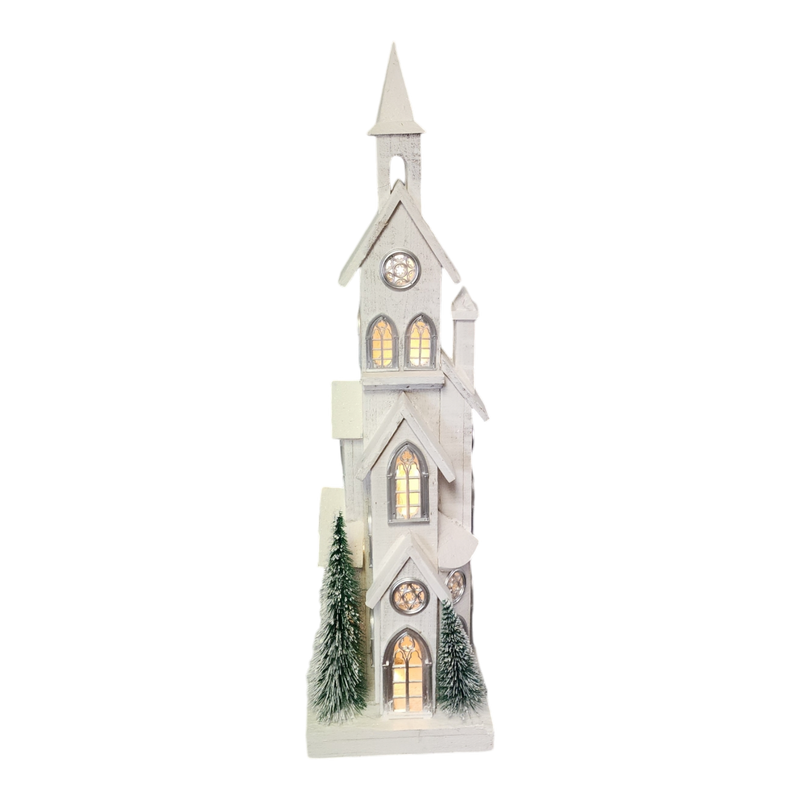 Lighted White Wood Church - 34.4 Inch