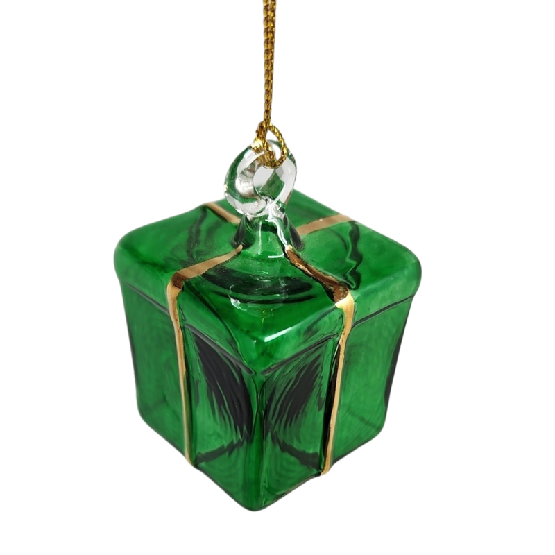 Blown Glass Present Ornament - Green