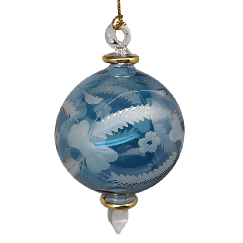 Etched Blown Glass Ball Ornament - Blue