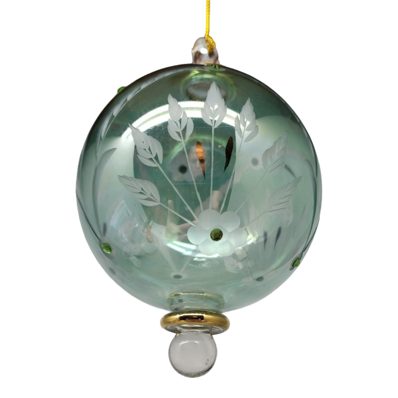 Etched Blown Glass Ball with Crystal Accents - Glass