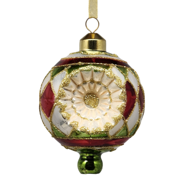 Retro Glass Reflector Ornament - 80mm - Red/Green/White Checks