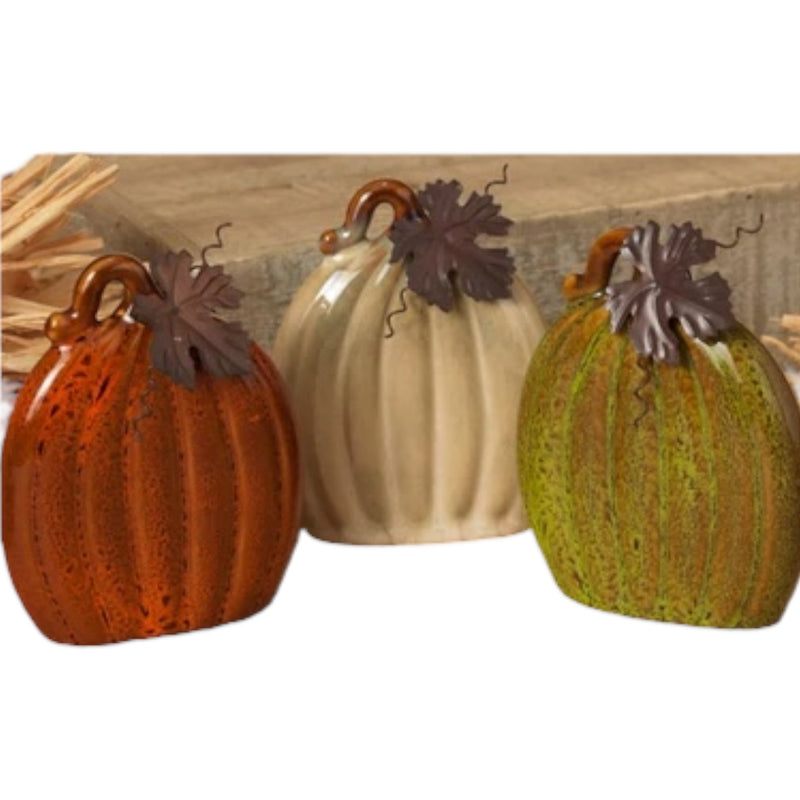 Ceramic Pumpkin with Metal leaf - 6 Inch -