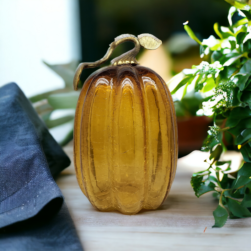 Handblown Glass Amber Pumpkin with Metal Stem - 9 Inch