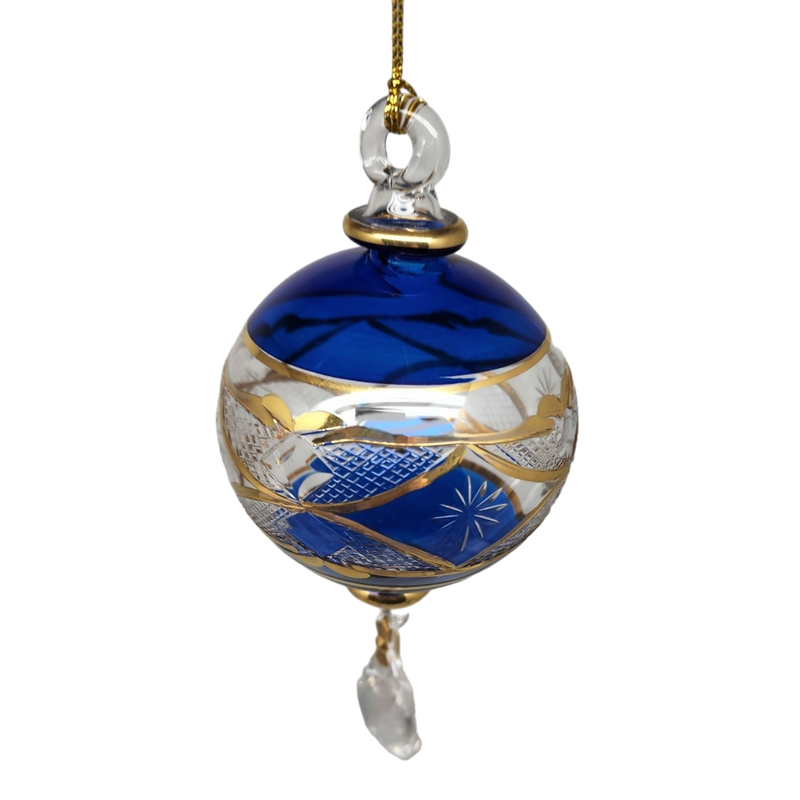 Etched Blown Glass Ball with Crystal Dangle - Blue