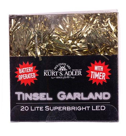 Lighted Tinsel Garland - Battery operated - Gold