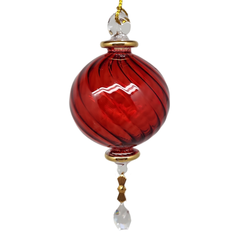 Small Sphere Glass With Ribbed Groove  and Gold Accents - Christmas Red