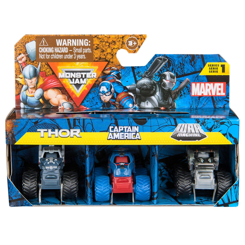 MonsterJam, Marvel Mini Monster Truck 3 Pack 1:87 Scale - Thor - Captain America - War Machine