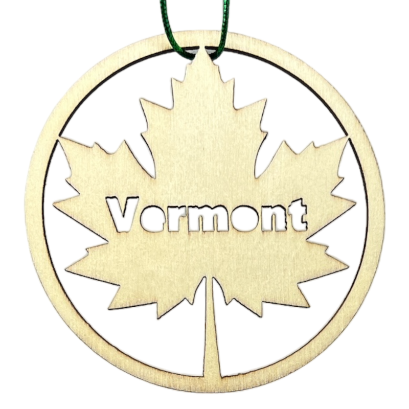 Round Wooden Vermont Maple Leaf Ornament