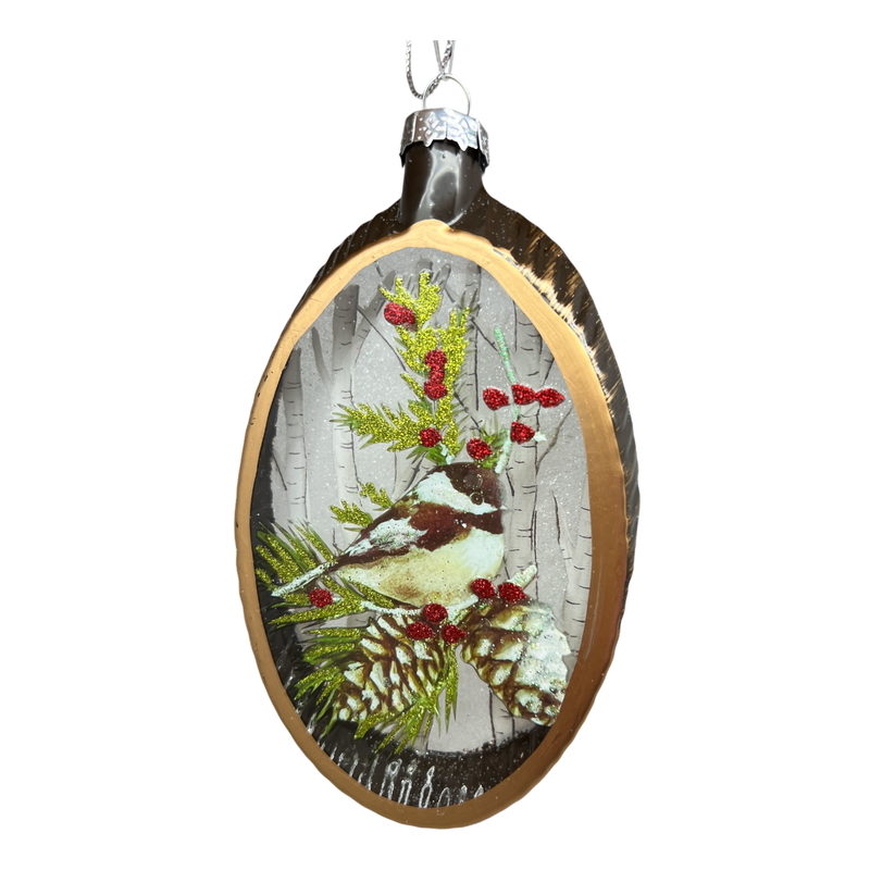 Glass Holiday Bird Design Ornament - Chickadee