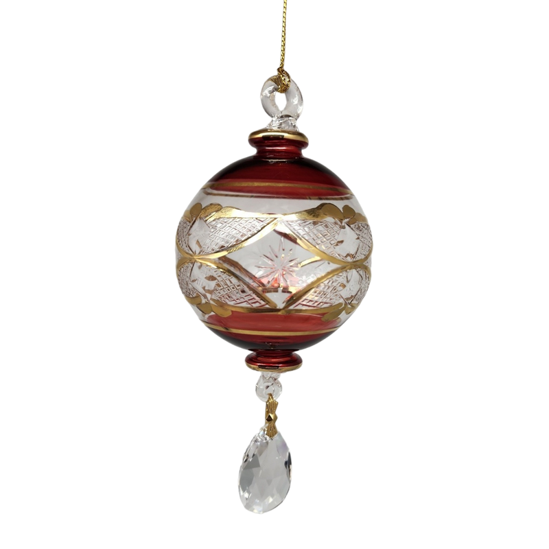 Etched Blown Glass Ball with Crystal Dangle - Red