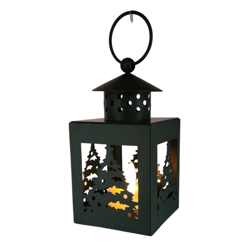 B/O Lighted Metal Holiday Lantern with LED Tealight - Green