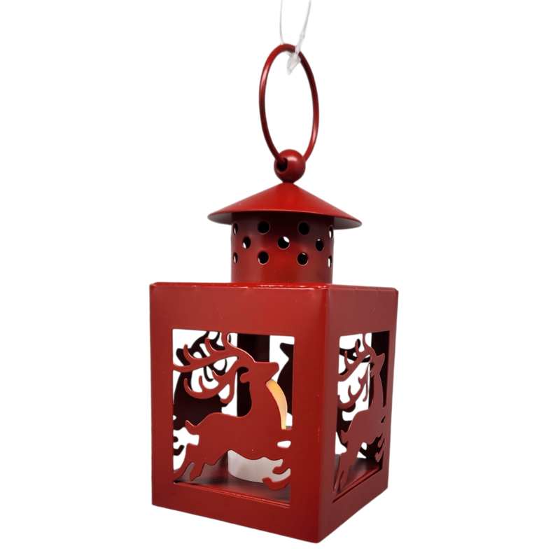 B/O Lighted Metal Holiday Lantern with LED Tealight - Red