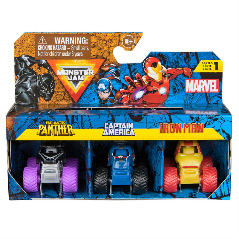 Monster Jam, Marvel Mini Monster Truck 3 Pack 1:87 Scale - Black Panther - Captain America - Iron Man