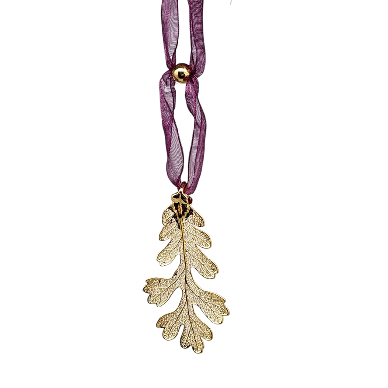 Gold Oak Leaf with Sheer Ribbon Ornament