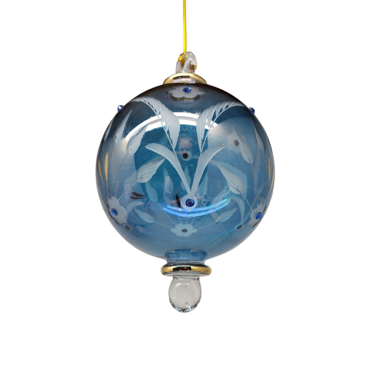 Etched Blown Glass Ball with Crystal Accents - Blue