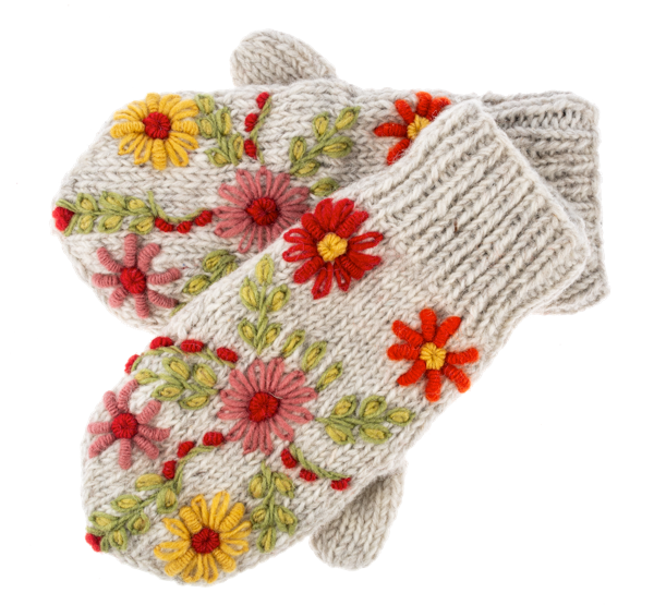 Knit Embroidered Floral Mittens - Cream