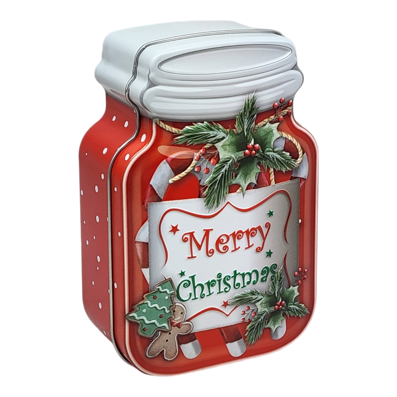 Jar Shaped Christmas Cookie Gift Tin -  Merry Christmas Holly